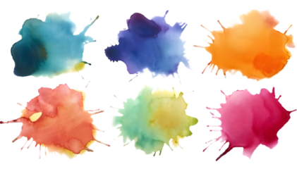 colorful set of watercolor splash stains isolated on white or transparent