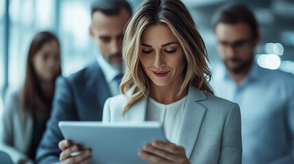 In a modern office environment, a group of professionals focuses intently on their digital devices. A woman in a sleek suit holds a tablet, immersed in the discussion with her colleagues around her