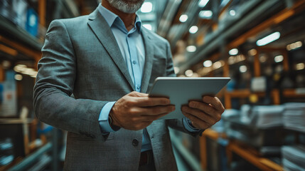 In a bustling warehouse, a businessman in a tailored suit reviews inventory data on a tablet, surrounded by neatly stacked shelves. The early morning light enhances the organized chaos