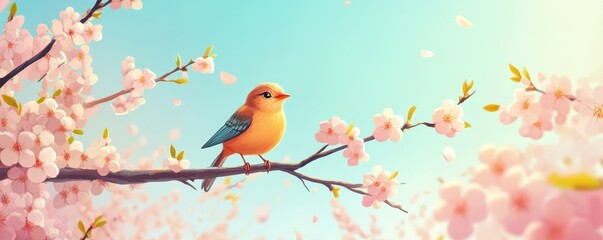 Fototapeta premium Colorful bird resting amid cherry blossoms on a sunny day