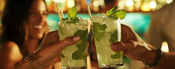 Joyful couple toasting with refreshing mojito cocktails at a vibrant bar