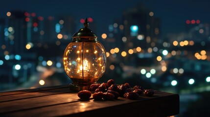Bright night lights over city skyline on dark background
