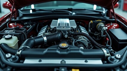 Fototapeta premium Engine bay cleaning, Close-up front view of a pristine engine bay glowing under artificial garage lights in a workshop showcasing hyper-reali