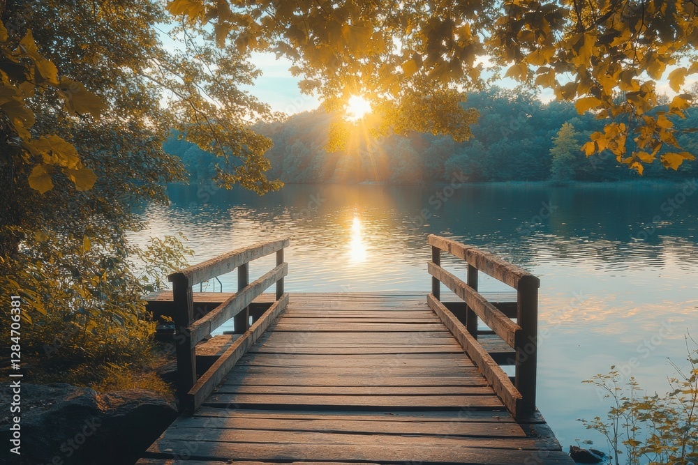 Poster beautiful sunset over a tranquil lake seen from a wooden dock surrounded by lush trees. generative a
