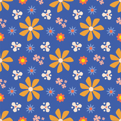 Seamless pattern with orange flowers on blue background