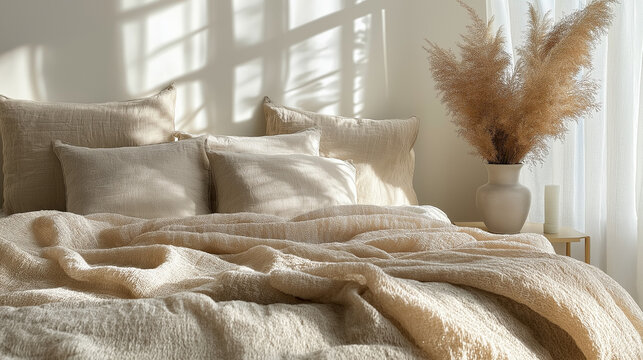 A serene bedroom showcases layers of creamy blankets and plush pillows, bathed in gentle morning light. Delicate shadows dance across the wall, enhancing the peaceful atmosphere