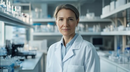 This image features a middle-aged woman in a laboratory, wearing a white coat. She displays a focused expression, embodying professionalism and dedication in her scientific work.