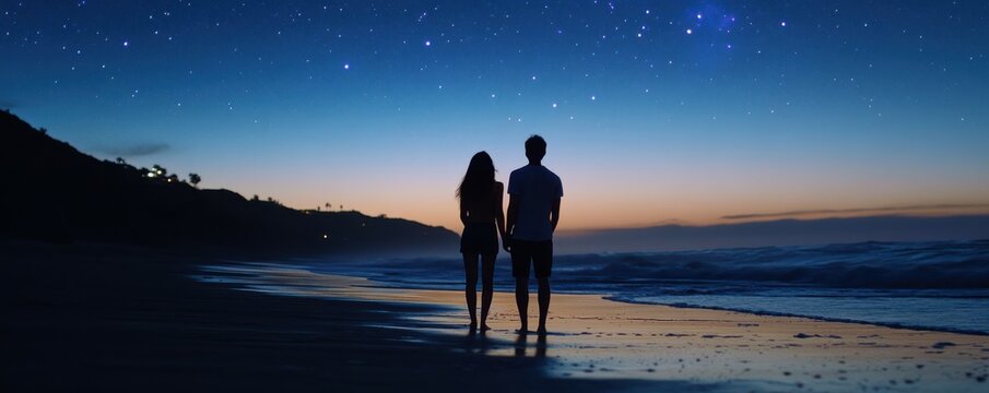 Young caucasian couple strolling on beach at starry night with ocean waves and scenic skyline
