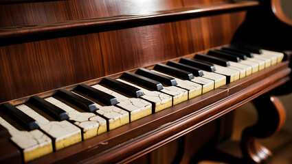 a high-contrast, cinematic photograph of worn, ivory-colored vintage piano keys with subtle cracks and yellowing, set against the rich, dark brown wood grain of an antique upright piano, with soft