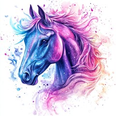 Realistic wild horse illustrated in vibrant watercolors against a white backdrop using  technology
