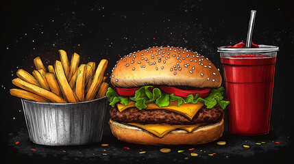 Crispy golden fries sit beside a juicy burger layered with melted cheese, fresh lettuce, and ripe tomatoes, accompanied by a vibrant drink. A feast for any fast food lover