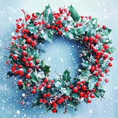 Enchanting Winter Holiday Wreath Bursting with Vibrant Holly, Berries, and Glittering Snowflakes Exuding Cheerful Yuletide Magic