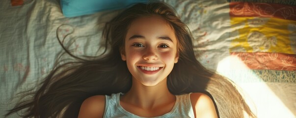 Smiling young girl lying on bed with sunlit hair in a cozy bedroom setting