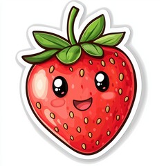 Obraz premium Adorable cartoon strawberry sticker with a cheerful expression. Perfect for adding a sweet touch to any project!