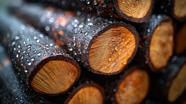 Stacked wet firewood logs close-up, rain drops on wood, outdoor - Powered by Adobe