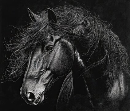 A close-up portrait of an Andalusian black horse with a long mane