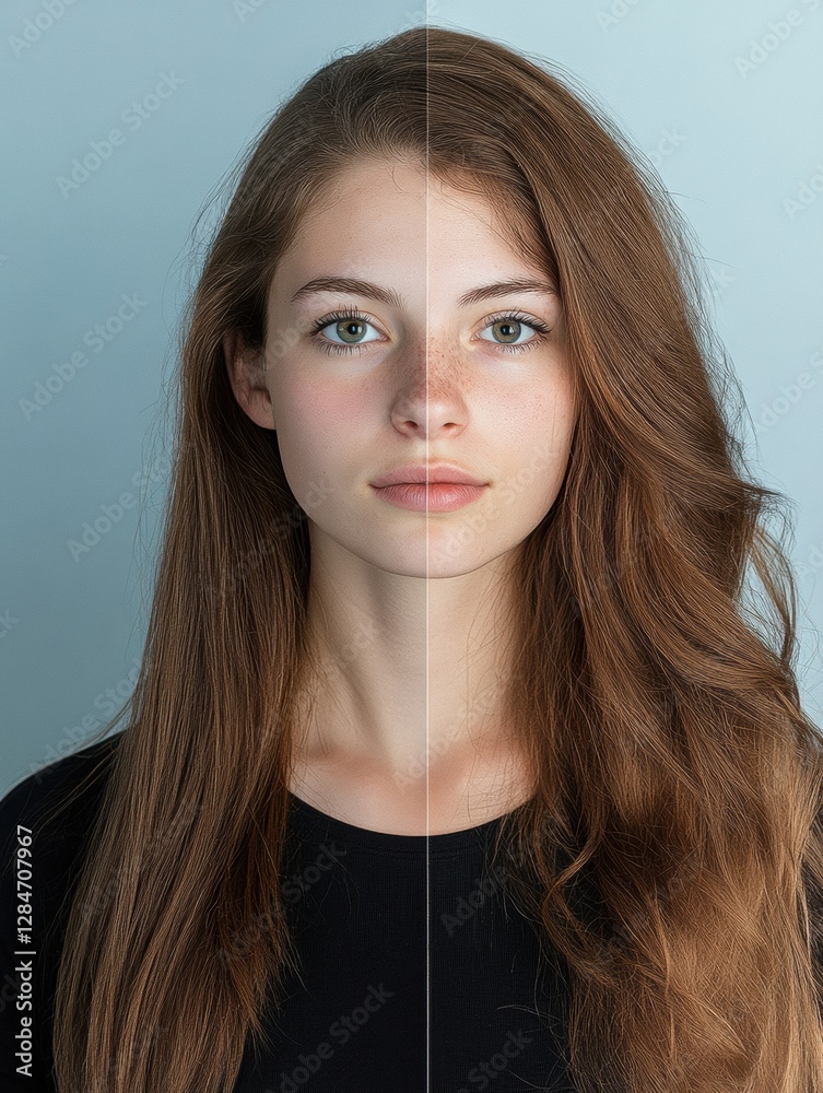 Aufkleber transformation from dull and unkempt to stylish and professional hair in a split image highlighting 