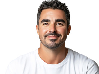 A serene man smiling calmly, his eyes full of warmth and kindness, isolated on a white background