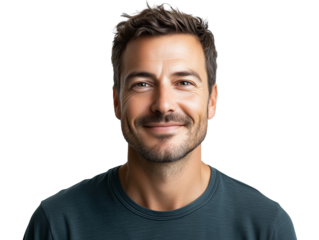 A serene man smiling calmly, his eyes full of warmth and kindness, isolated on a white background