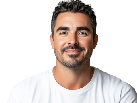 A serene man smiling calmly, his eyes full of warmth and kindness, isolated on a white background