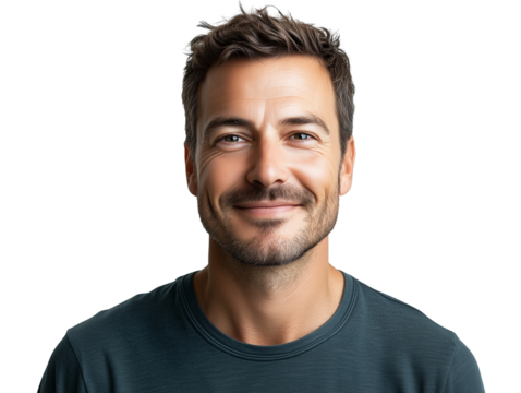 A serene man smiling calmly, his eyes full of warmth and kindness, isolated on a white background