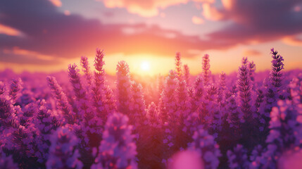 Golden sunlight bathes a sprawling lavender field as the day transitions into evening, showcasing vibrant purple blooms swaying gently in the breeze while the sky bursts with color