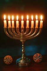 Golden menorah with lit Hanukkah candles, traditional Jewish holiday lighting.