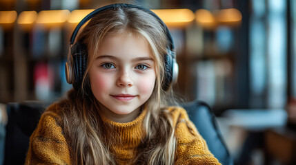 Young girl wearing headphones and a yellow sweater. She is smiling and looking at the camera. The scene takes place in a library