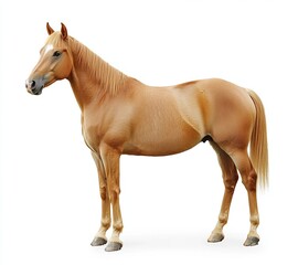 Obraz premium A palomino horse with two white legs and a white face line, set against a white background