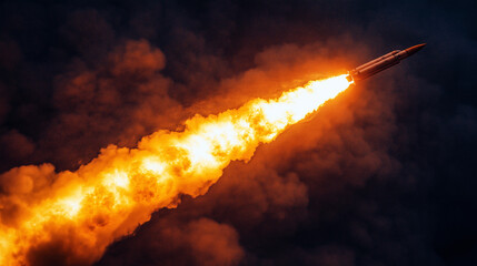 A powerful rocket ascends into the dark sky, leaving a brilliant trail of flames and billowing smoke