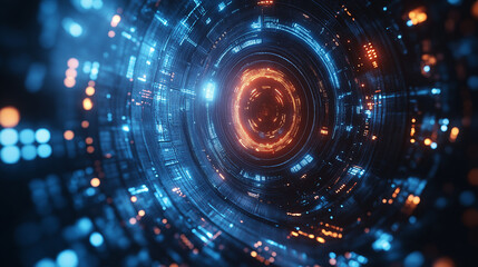 Obraz premium A stunning display of luminous blue and orange lights creates a swirling vortex that draws viewers into a mesmerizing digital realm. The intricate patterns suggest advanced technology and innovation
