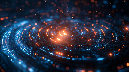 Obraz premium In a mesmerizing display, glowing blue and orange lights swirl together, creating a dynamic cosmic atmosphere filled with vibrant energy. This stunning spectacle captivates the imagination