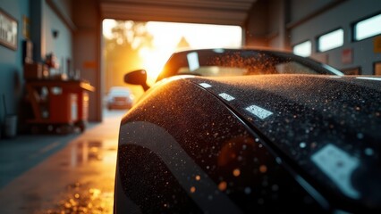 Exterior detail spray, Close-up of a black car being detailed under sunrise droplets glistening in a serene garage.