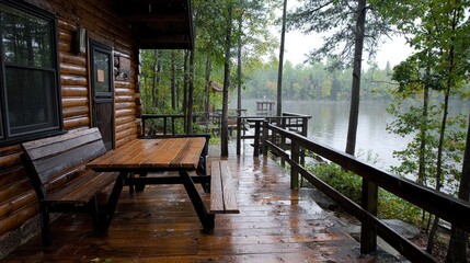 Rainy day cabin lake view, porch relaxation