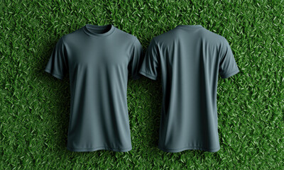 dark green t shirt mockup displayed on grass background, showcasing both front and back views. Ideal for sportswear or casual wear designs