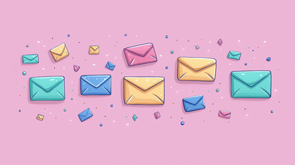 Brightly colored envelopes drift across a pastel pink background, capturing attention with their cheerful hues. Gems and sparkling accents add a touch of magic, inspiring joy and imagination