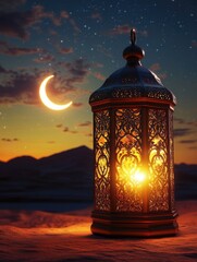 Eastern lamp at night with the full moon and stars.
