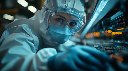 Obraz premium In a bustling high-tech facility, a skilled technician carefully works on intricate electronic components, illuminated by soft ambient lights, embodying precision and dedication after hours