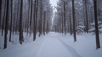 Obraz premium Snowy ski trail through an evergreen forest. Ski tracks crisscrossing the path.