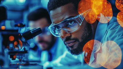 Under the glowing lights of a modern lab, a dedicated scientist analyzes samples through a microscope while his colleague observes attentively, highlighting teamwork in scientific discovery