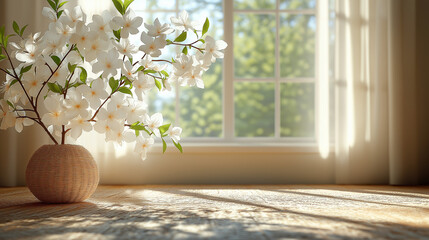 Soft sunlight pours into a serene room, casting gentle shadows on the floor while a charming vase filled with blooming white flowers brightens the space