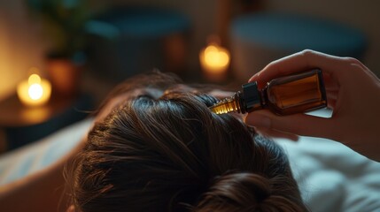 Hair loss in a cozy bedroom, a person applying a hair serum. Featuring care and rejuvenation