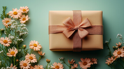 A beautifully wrapped gift box rests atop a pastel green surface, its elegant bow complemented by delicate flowers in shades of pink and white, enhancing the joyful mood of the setting