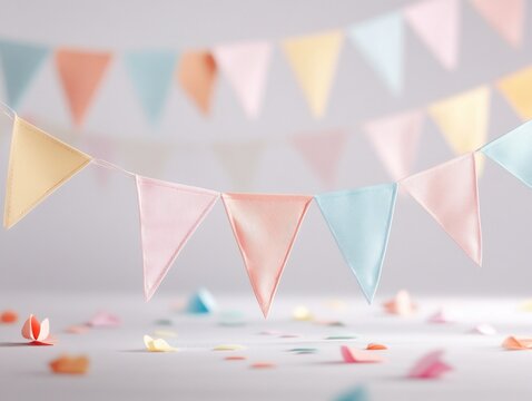 Colorful flags and bunting with a rainbow theme, ideal for birthdays or celebrations.