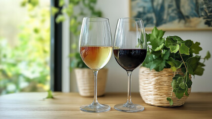 Two finely crafted glasses sit on a warm wooden surface—one filled with crisp white wine and the other with rich red—surrounded by vibrant plants, creating an inviting atmosphere