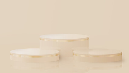 Podium stand template luxury background for products advertising and commercial light yellow pastel decorated with gold lines, 3D rendering.