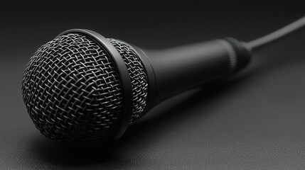 A sleek black microphone with a textured mesh head lies elegantly on a dark surface, ready for voices to rise, music to flow, or stories to be shared in an intimate setting