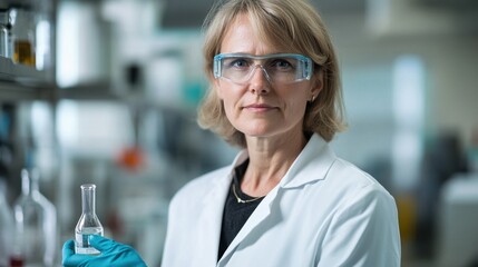 Portrait of a mature female scientist in a laboratory, showcasing her professionalism and expertise in research and experimentation with laboratory equipment.