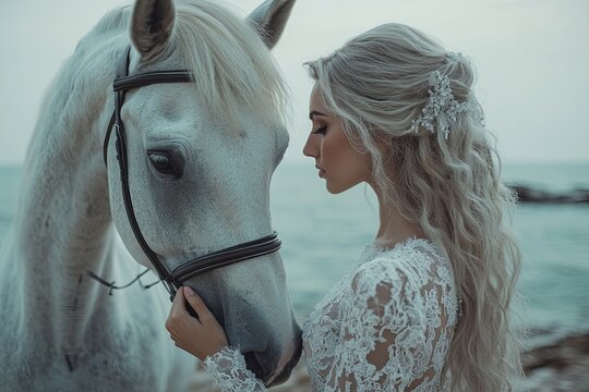 A happy and fashionable young woman in a white dress poses with a horse on the beach