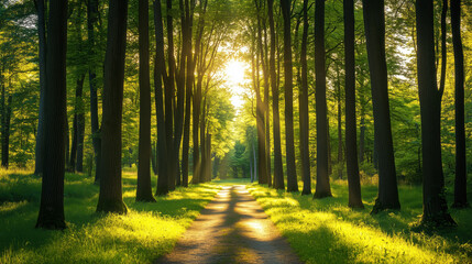 Obraz premium Calm Sun-Dappled Forest with Tall, Straight Trees Casting Long Shadows and a Clear Sky Above, Perfect for Creative Banners or Copy